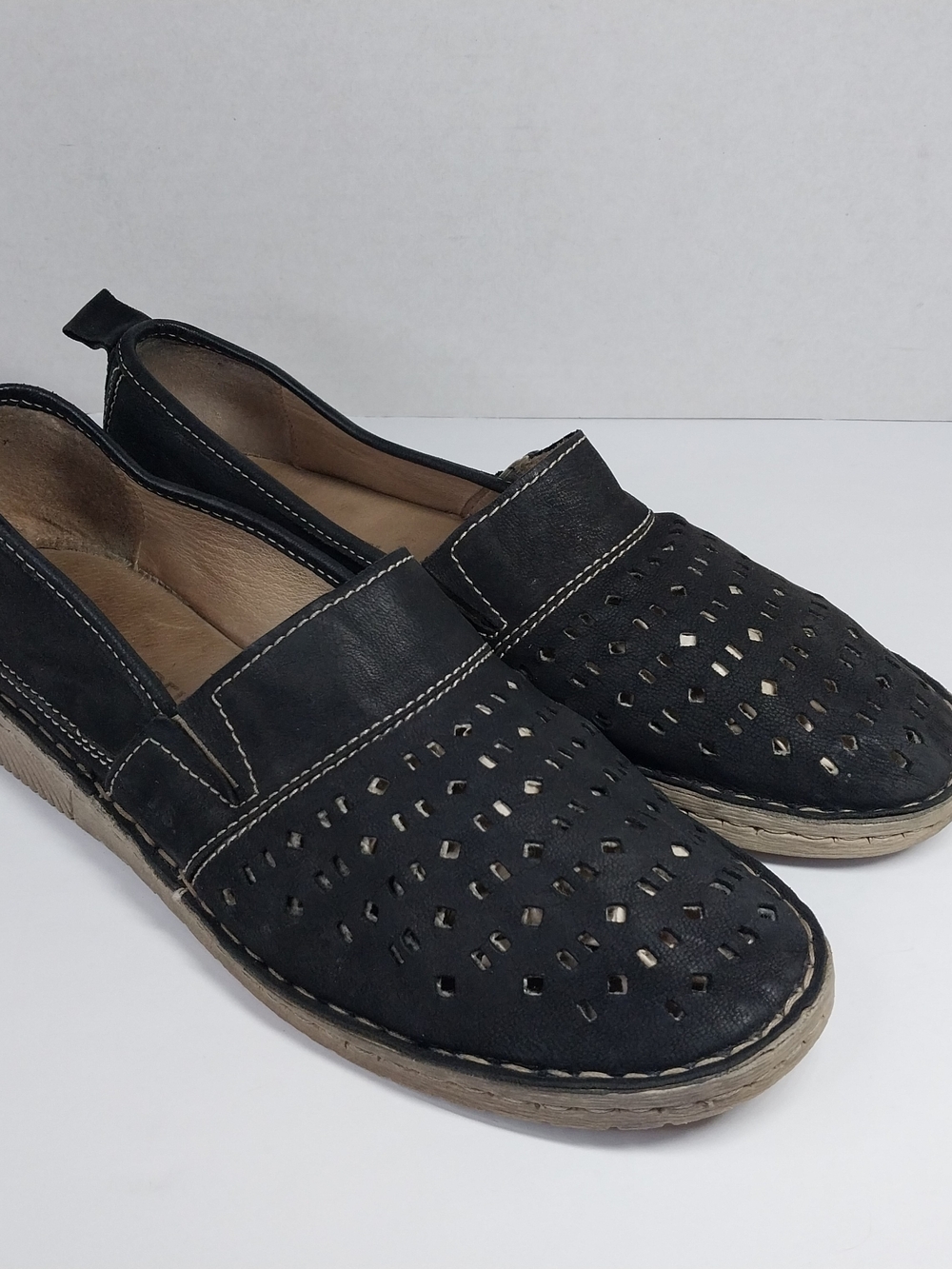 Josef Seibel Sophie Black Leather Slip On Loafer Perforated Women US 9-9.5 EU 40